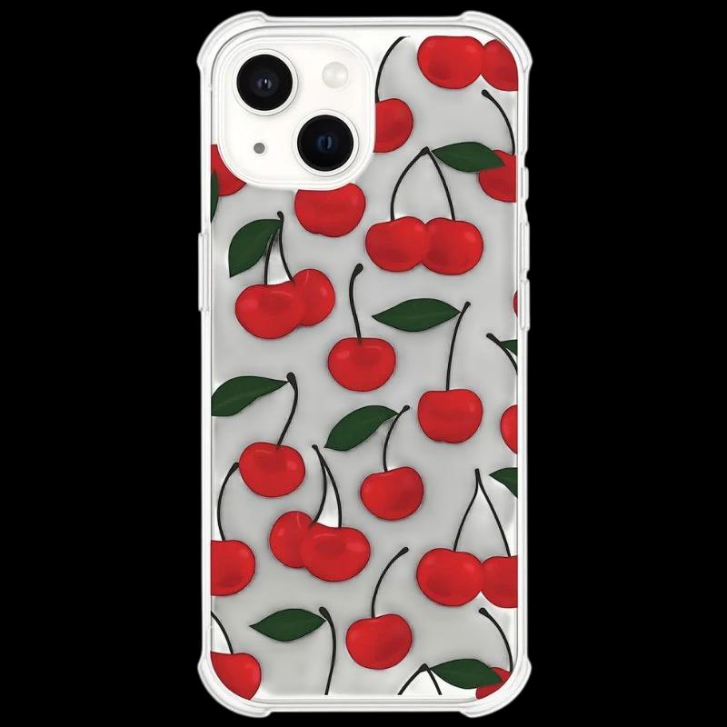 Funda Cerezas iPhone 13 con patrón de cerezas rojas y hojas verdes sobre fondo blanco, carcasa transparente que muestra el diseño y protege la cámara y