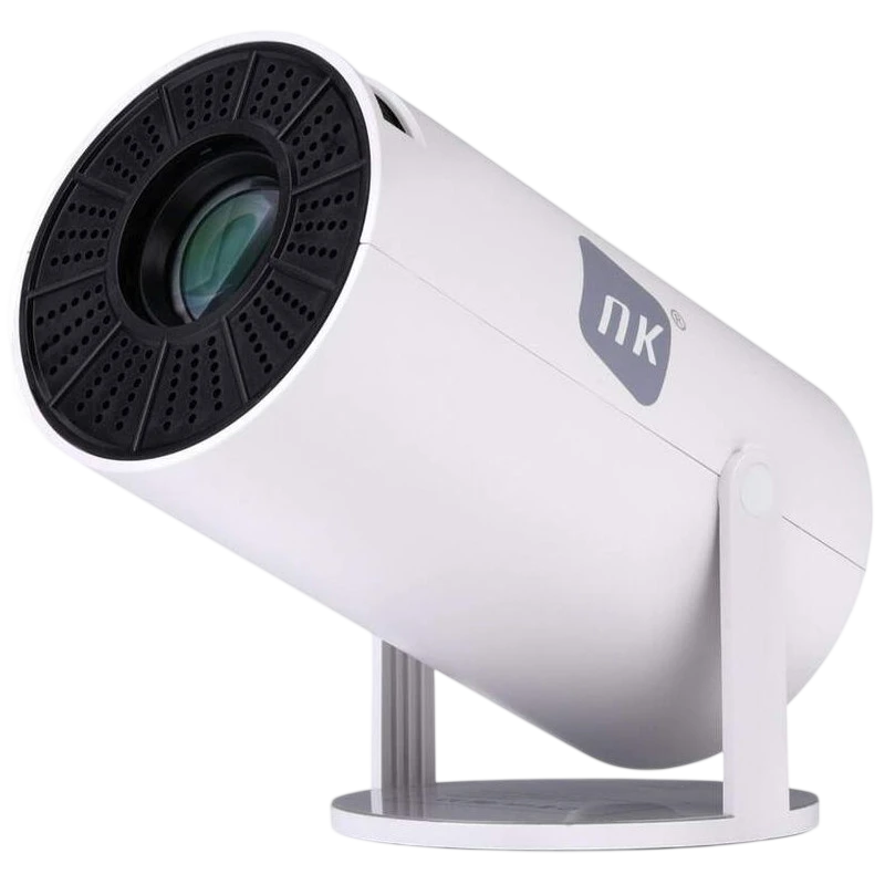 Mini projecteur NK-TV340031 HD LCD blanc, design cylindrique, large lentille frontale, monté sur support inclinable, connectique HDMI, luminosité 120 ANSI