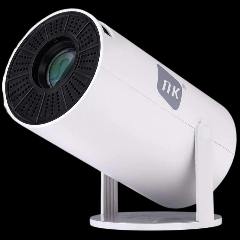 Mini projecteur NK-TV340031 HD LCD blanc, design cylindrique, large lentille frontale, monté sur support inclinable, connectique HDMI, luminosité 120 ANSI