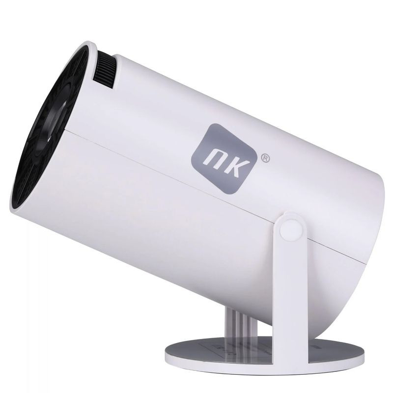 Mini projecteur NK-TV340031 HD LCD, compact cylindrique blanc, support inclinable, évents latéraux et molette de focus, entrée HDMI, luminosité 120 ANSI