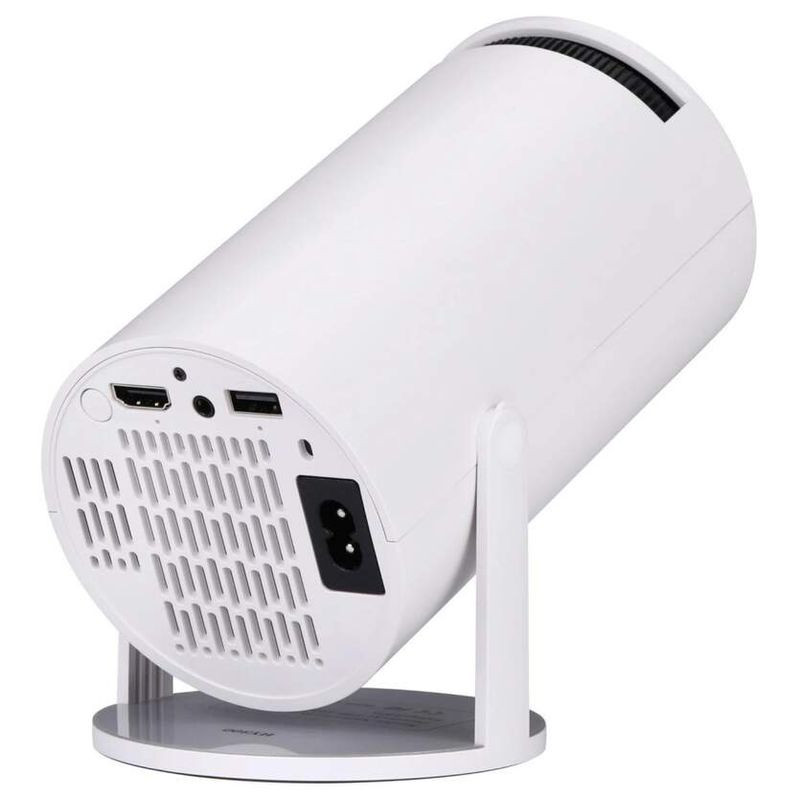 Mini projecteur NK-TV340031 HD LCD blanc, format cylindrique sur support pivotant, ports HDMI et USB visibles, ventilation arrière, design compact moderne