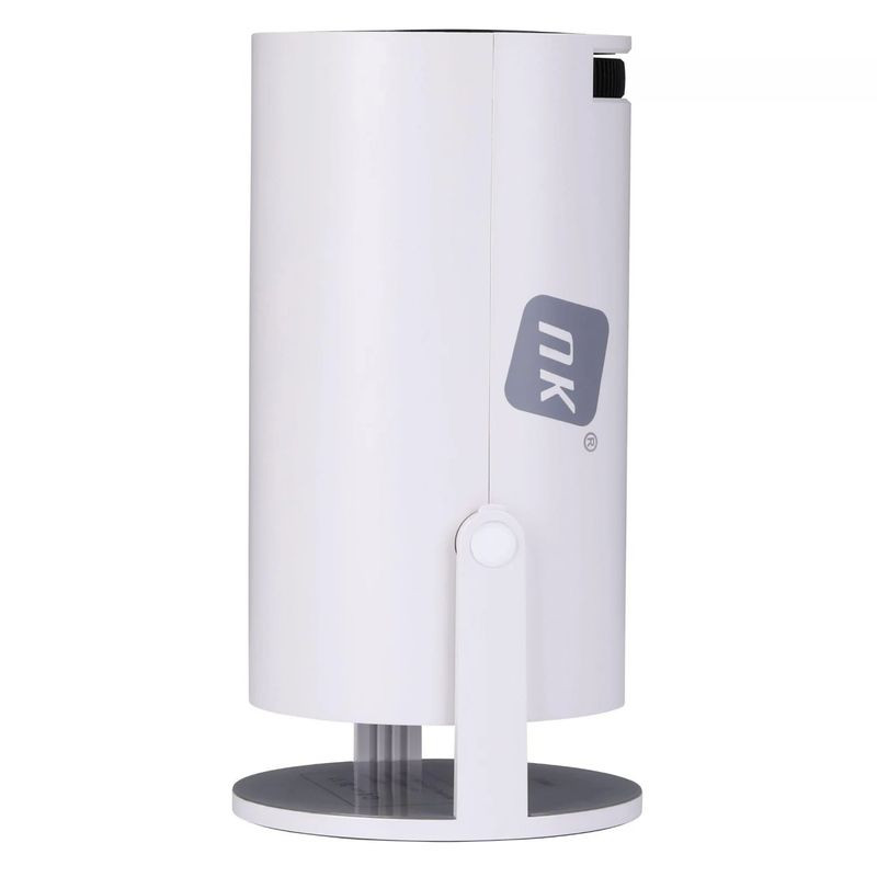 Mini projecteur NK-TV340031 au design cylindrique blanc, monté sur support pivotant, molette de mise au point, entrée HDMI, compact et élégant