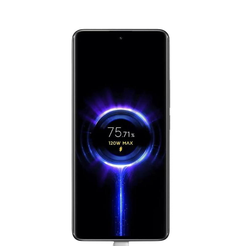 Smartphone affichant charge rapide 120 W à 75 %, cercle lumineux bleu au centre, câble USB‑C connecté en bas, écran noir bord à bord élégamment