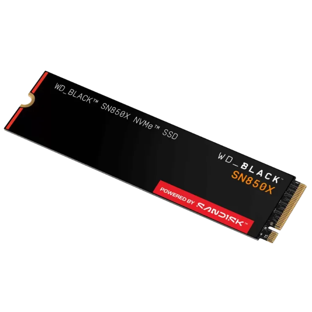 WD BLACK SN850X 2TB NVME SSD Disco Duro en formato M.2 2280 con etiqueta negra y roja, conector dorado PCIe y marca SanDisk visible