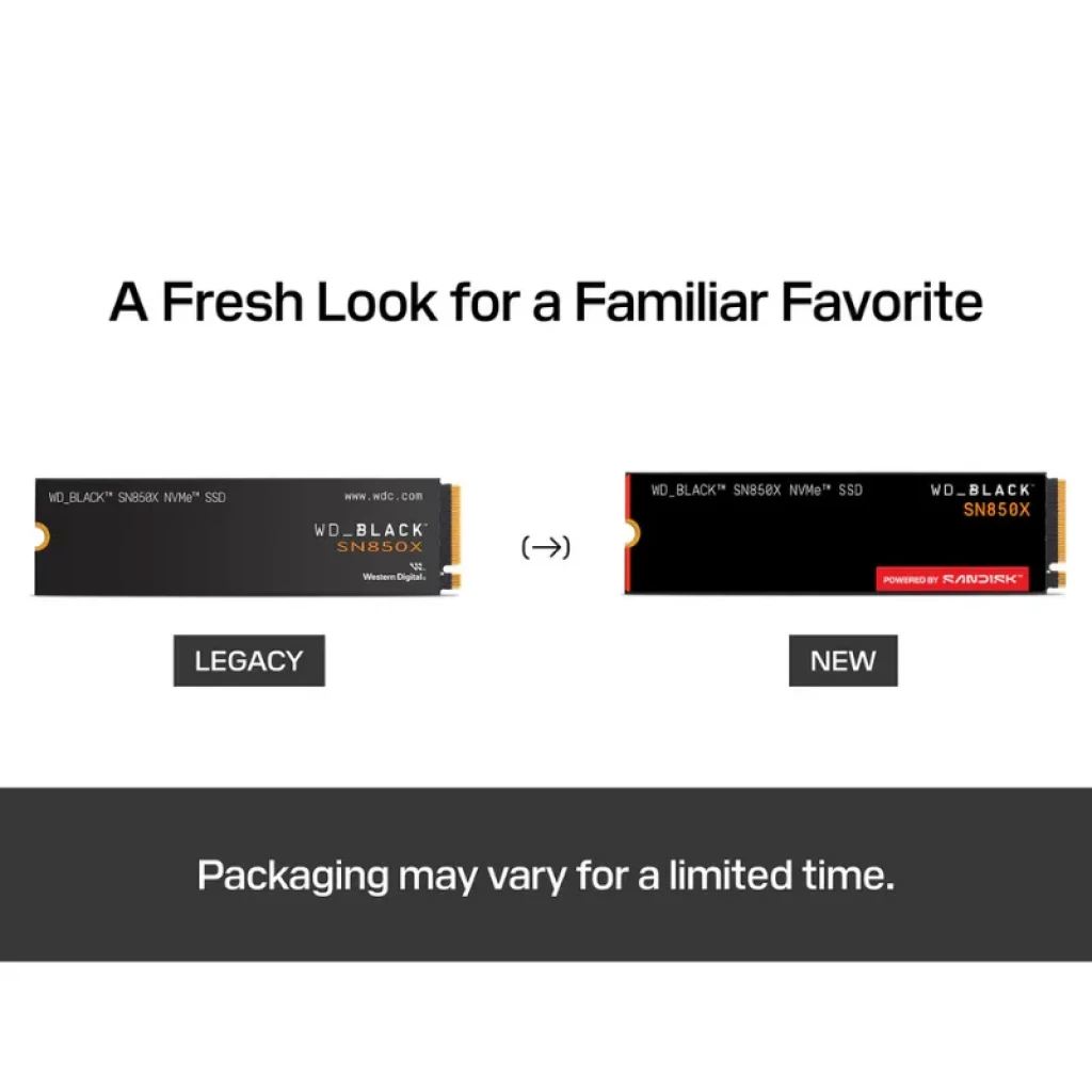 WD BLACK SN850X 2TB NVMe SSD tipo M.2; diseño negro con etiqueta lateral WD_BLACK y variante nueva con logotipo rojo Powered by RAPIDX