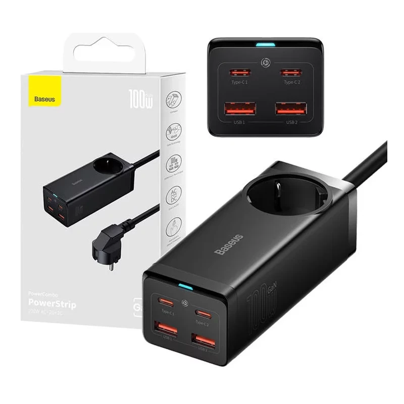 Chargeur Baseus avec prise intégrée 100W et 2xUSB-A + 2xUSB-C - Noir