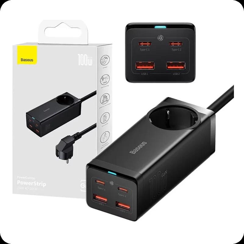 Chargeur Baseus avec prise intégrée 100W et 2xUSB-A + 2xUSB-C - Noir