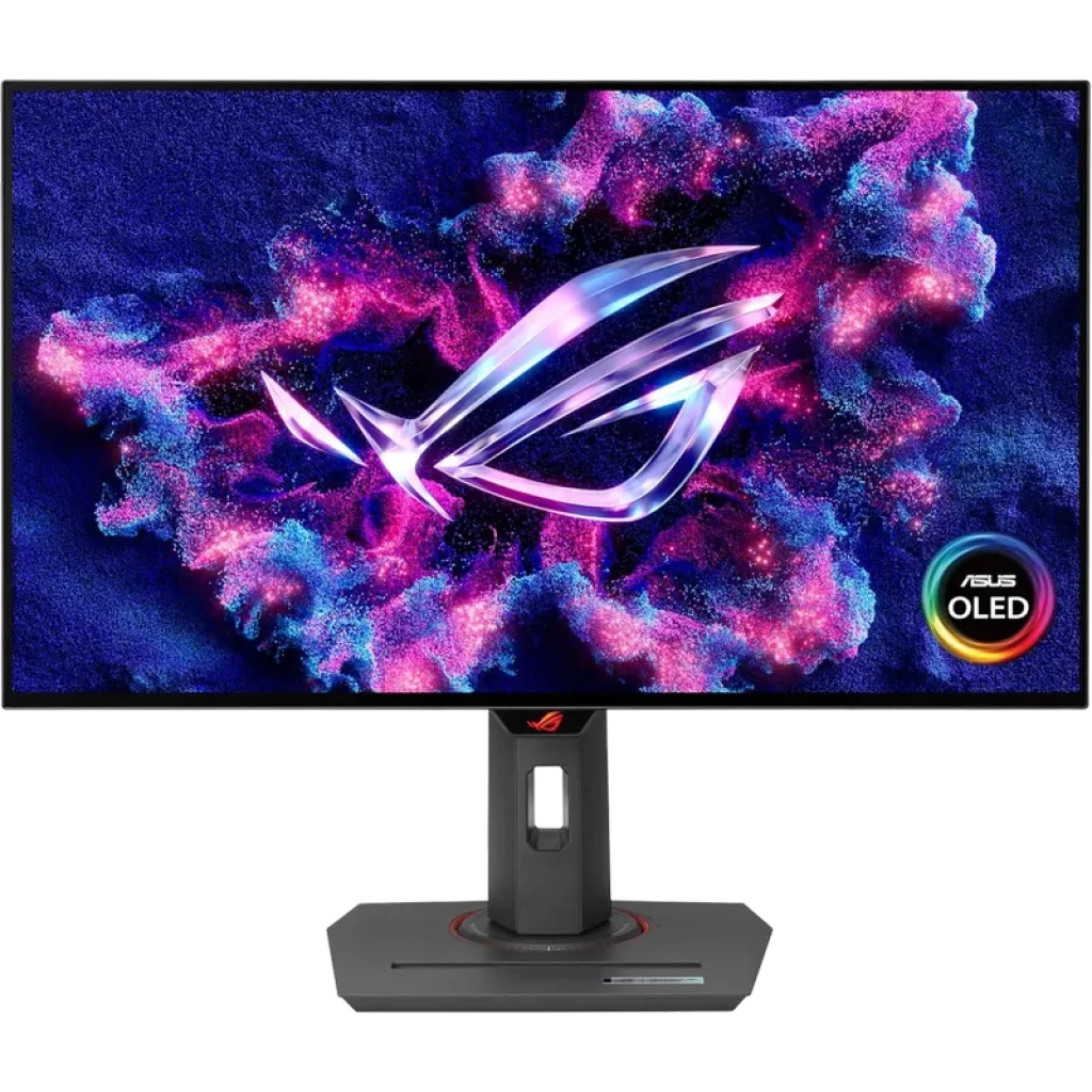 Monitor ASUS XG27AQDMG 27 pulgadas OLED QHD con biseles finos, soporte ajustable y logotipo ROG iluminado; colores vivos, 240 Hz y 0,03 ms en negro
