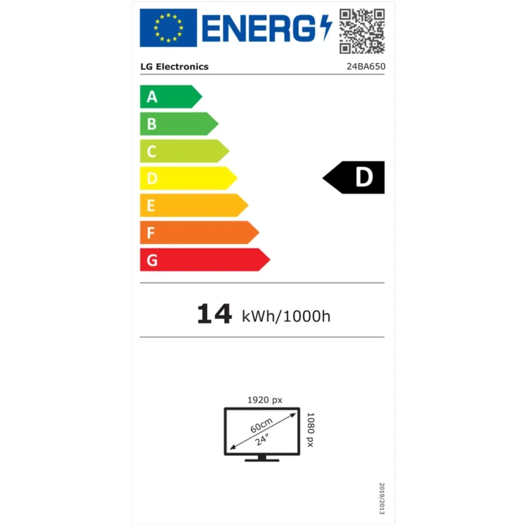 Etiqueta energética UE del monitor LG 24BA650: clase D, consumo 14 kWh/1000h, pantalla 24 pulgadas 1920x1080, panel IPS 100 Hz, color negro