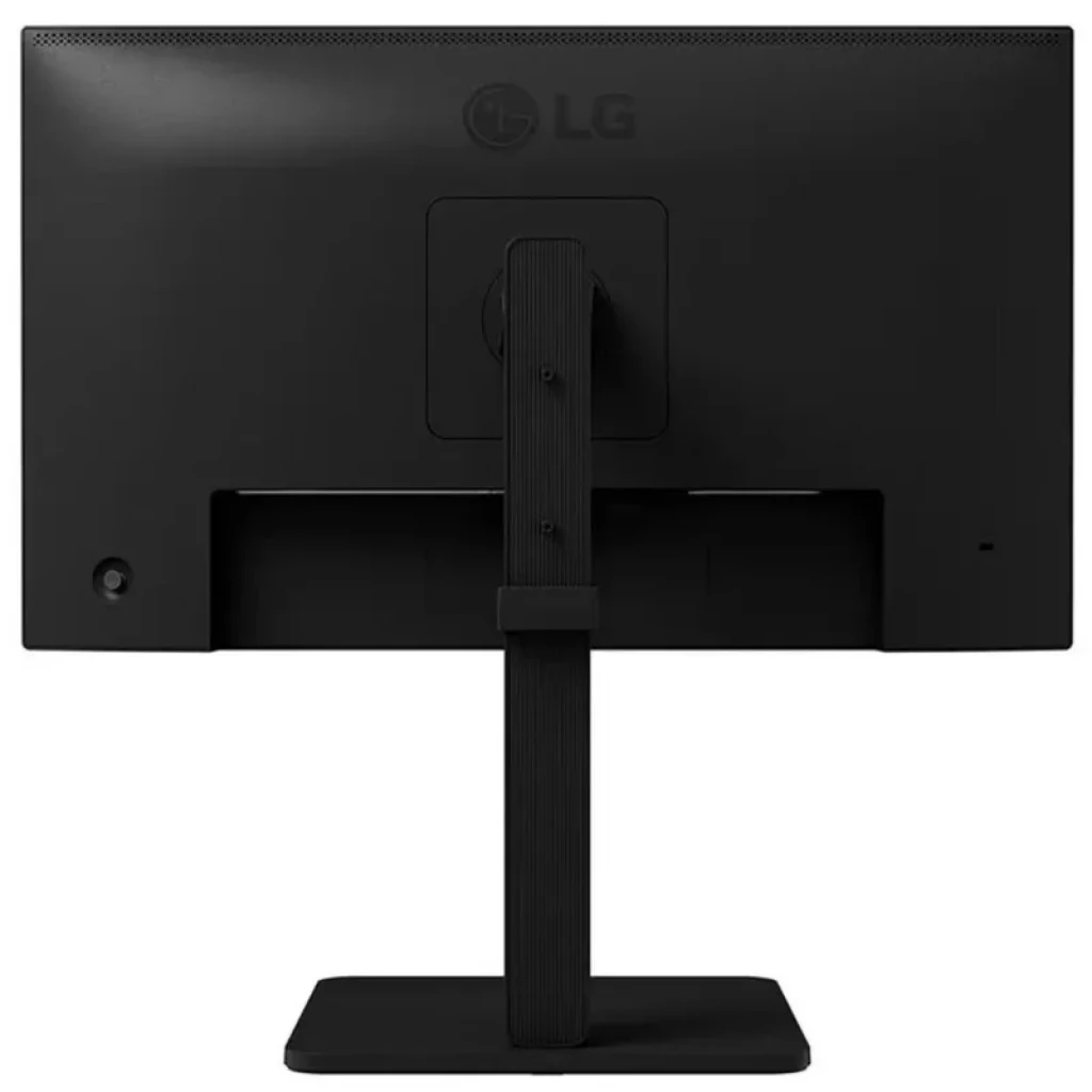 Parte trasera de monitor LG 24BA650 negro, pantalla 24 pulgadas IPS Full HD, soporte ajustable robusto, puertos traseros accesibles, diseño minimalista
