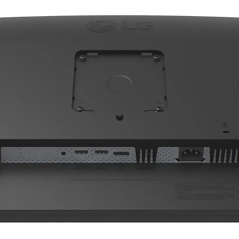 Parte trasera del monitor LG 27BA45QB-B 27 pulgadas con montaje VESA expuesto, puertos HDMI, DisplayPort y entrada de alimentación en panel inferior