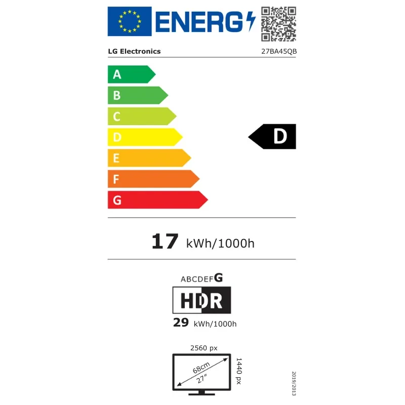 Etiqueta energética del monitor LG 27BA45QB-B: clase D, consumo 17 kWh/1000h, HDR, resolución 2560x1440, pantalla 27 pulgadas con peana ajustable