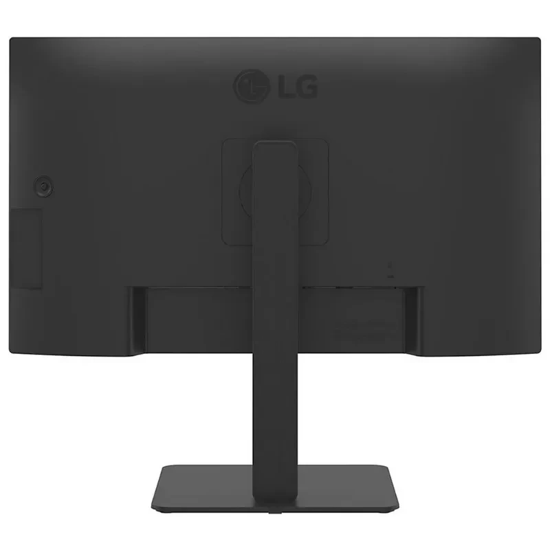 Parte trasera del monitor LG 27BA45QB-B de 27 pulgadas: acabado negro mate, soporte ajustable robusto, biseles delgados y puertos ocultos para un look limpio
