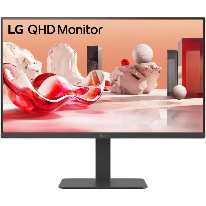 Monitor LG 27 pulgadas QHD IPS con biseles delgados, soporte ajustable en altura y base rectangular estable; pantalla nítida ideal para trabajo y diseño