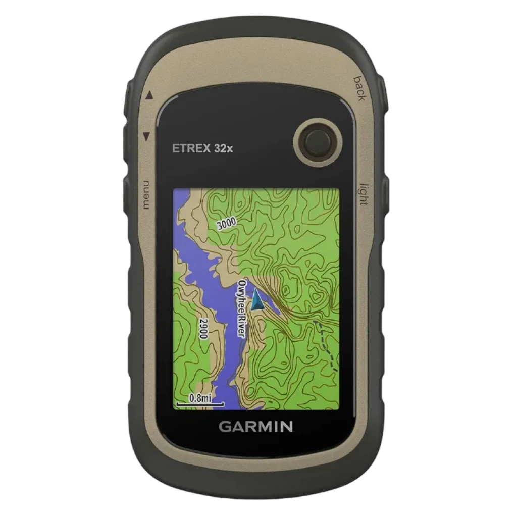 Garmin Etrex 32x avec écran couleur affichant une carte topographique, boîtier résistant avec boutons latéraux, bord beige et lentille de capteur avant