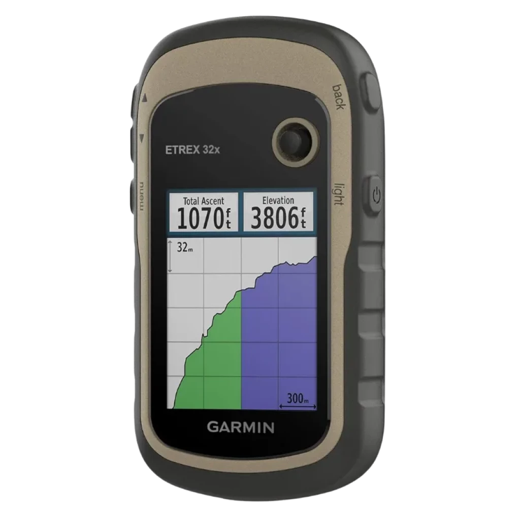 Garmin Etrex 32x avec écran couleur, graphiques d'altitude, boutons latéraux texturés, bord beige et boîtier robuste noir avec boussole et altimètre