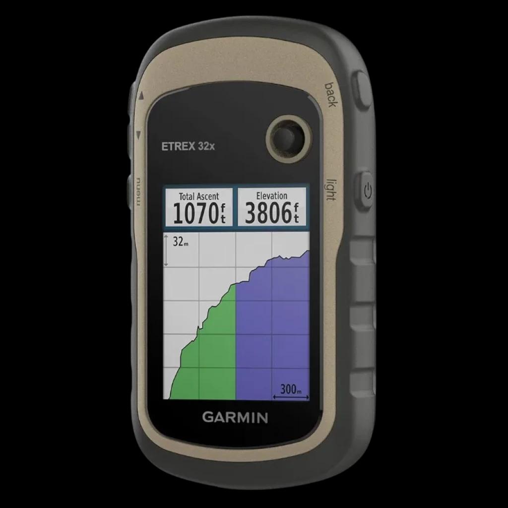 Garmin Etrex 32x avec écran couleur, graphiques d'altitude, boutons latéraux texturés, bord beige et boîtier robuste noir avec boussole et altimètre