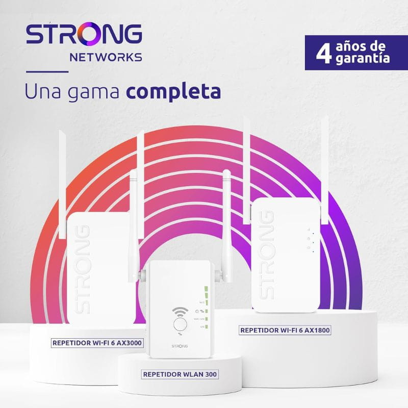 Strong 300S Repetidor Wi‑Fi 300 Mbit/s con diseño compacto blanco, logo Strong en azul y acentos gradientes naranja‑morado; ideal para ampliar señal