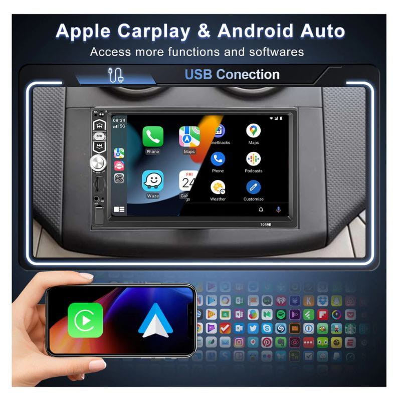 Ecrã tátil Podofo A3061 7 polegadas - Carplay e Android Auto DIN 1, possui conexão USB