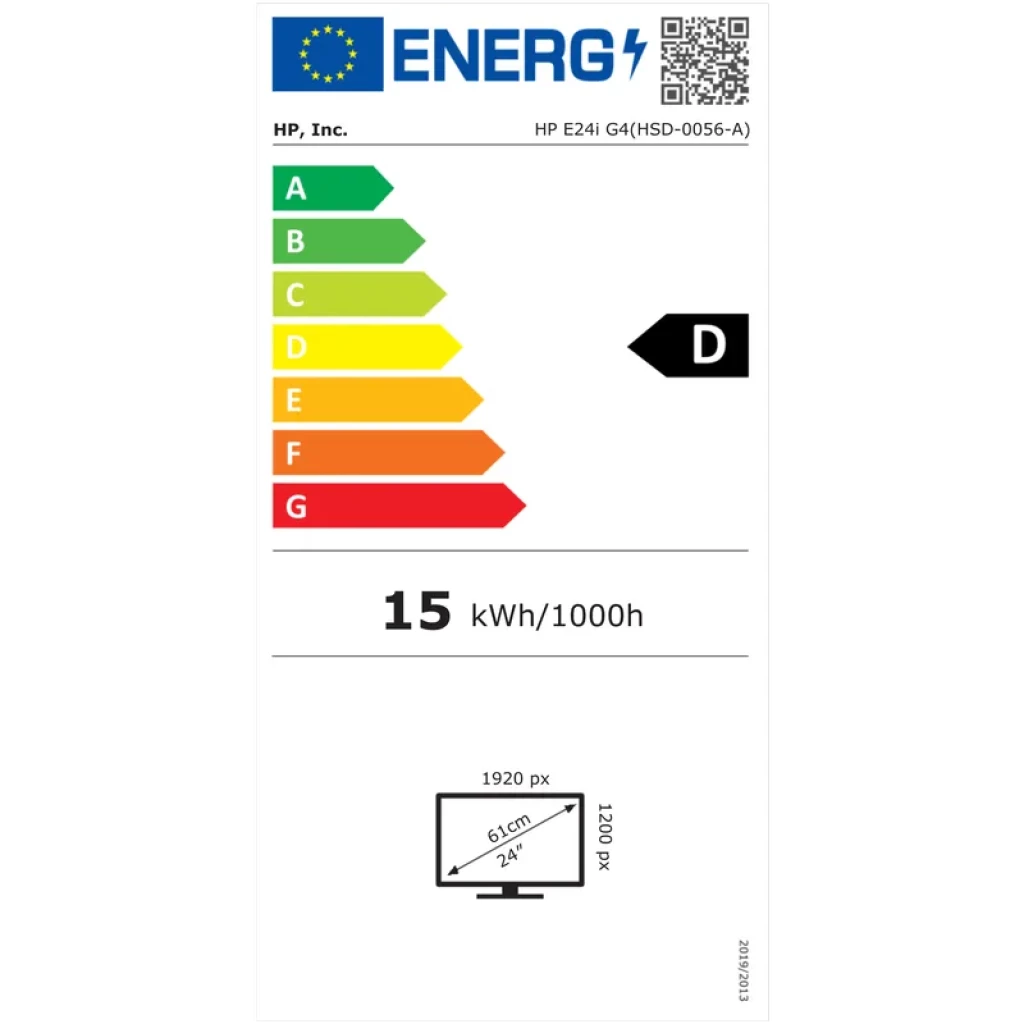 Etiqueta energética UE clase D para monitor HP WUXGA E24i G4 24 pulgadas, consumo 15 kWh/1000h, resolución 1920x1200, panel IPS, color negro