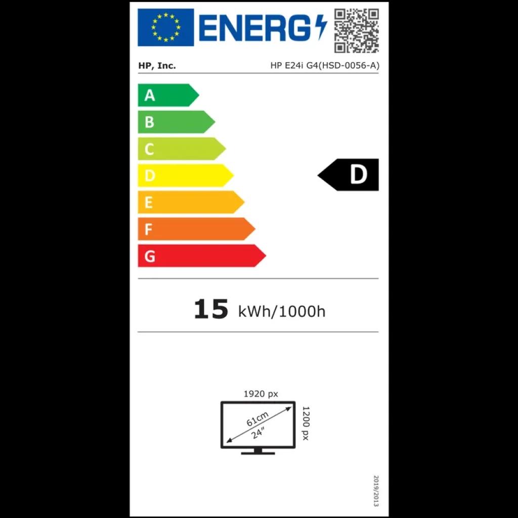 Etiqueta energética UE clase D para monitor HP WUXGA E24i G4 24 pulgadas, consumo 15 kWh/1000h, resolución 1920x1200, panel IPS, color negro