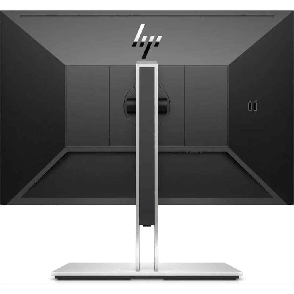 Monitor HP WUXGA E24i G4 de 24 pulgadas visto por detrás, acabado negro mate, soporte plateado ajustable y dos puertos USB laterales