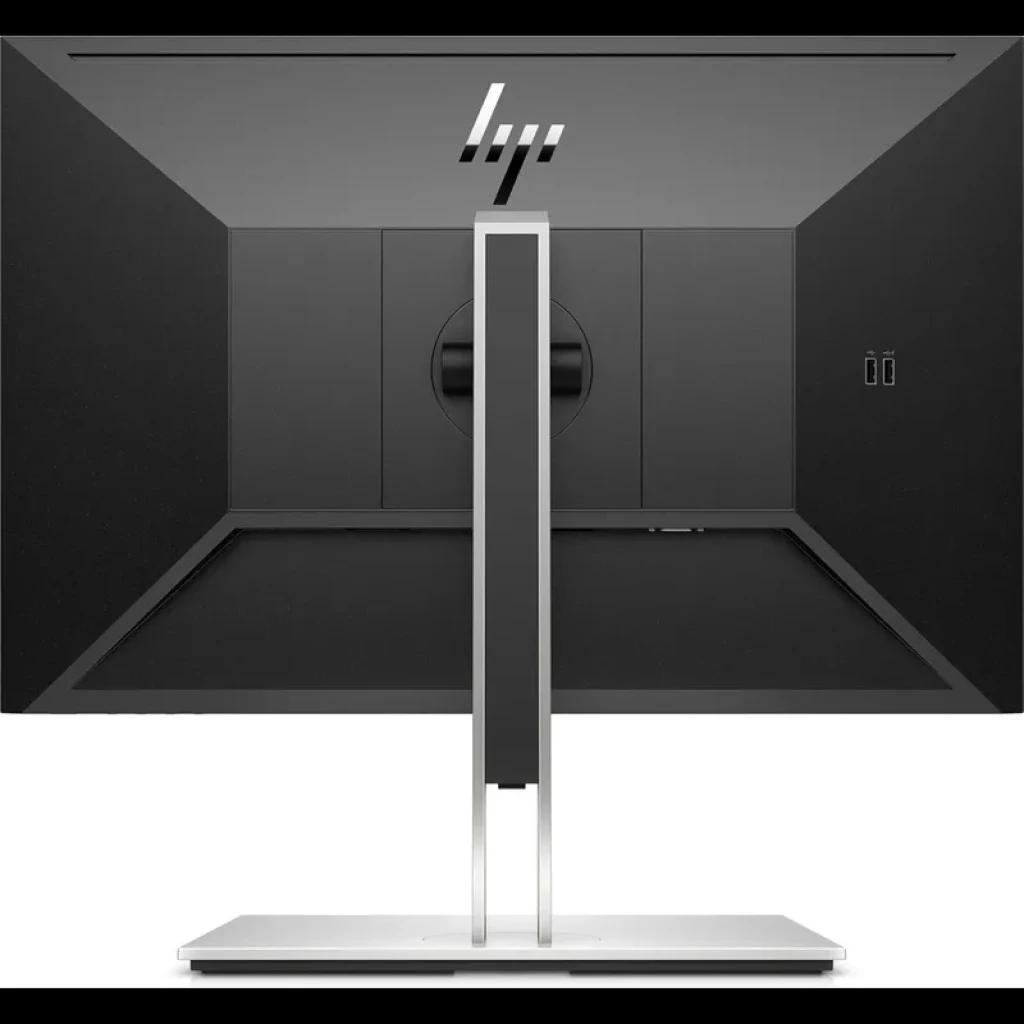 Monitor HP WUXGA E24i G4 de 24 pulgadas visto por detrás, acabado negro mate, soporte plateado ajustable y dos puertos USB laterales