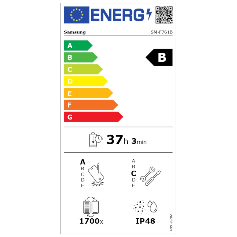 Etiqueta de eficiência energética do Samsung Galaxy Z Flip7 FE 5G 8GB/128GB Branco, classe B, autonomia 37 h 3 min, resistência IP48, 1700 ciclos de carga