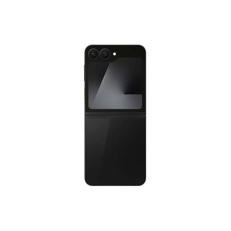 Samsung Galaxy Z Flip7 FE 5G preto com tela externa quadrada, dobrável em concha, duas câmeras traseiras alinhadas e acabamento brilhante elegante