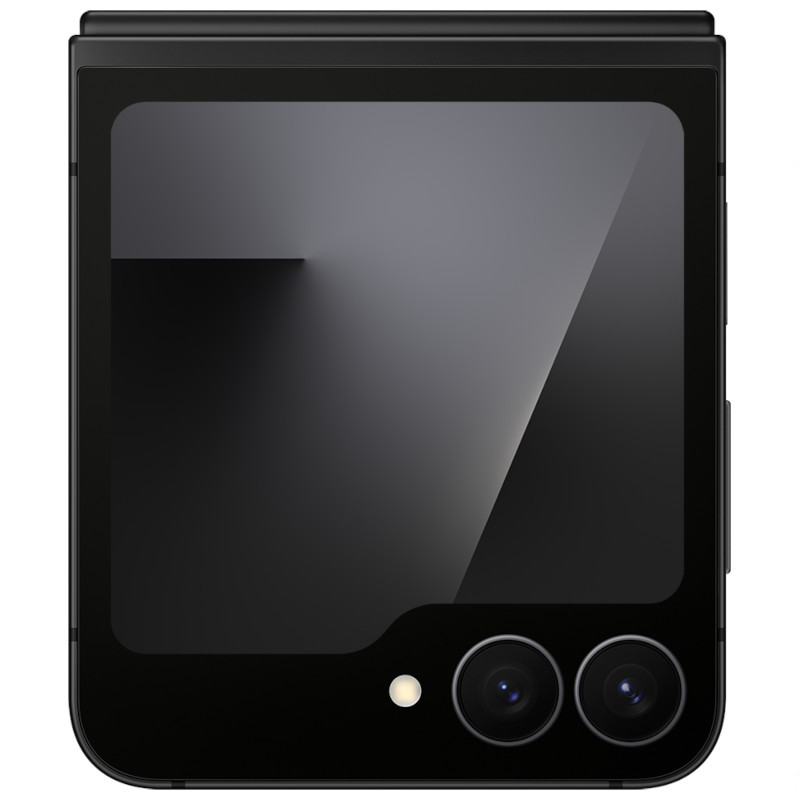 Samsung Galaxy Z Flip7 FE 5G 8GB/256GB Preto dobrável com tela externa brilhante, vidro reflexivo, bordas finas e duas câmeras traseiras alinhadas