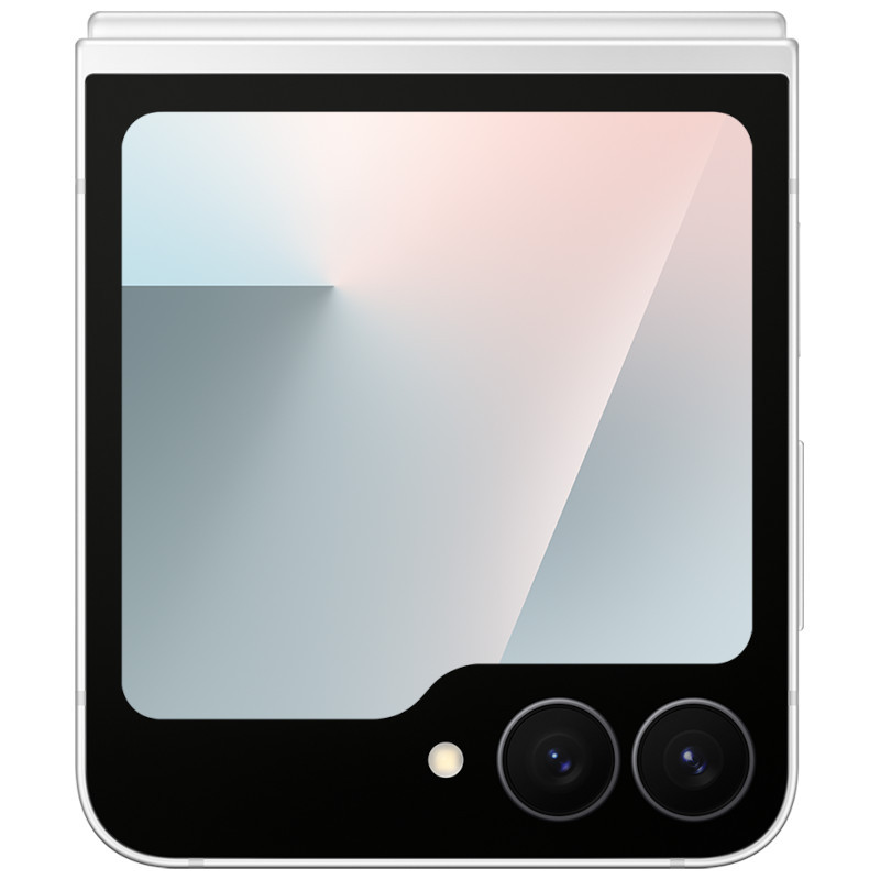 Samsung Galaxy Z Flip7 FE 5G blanco plegado, pantalla externa grande con borde negro, doble cámara trasera y flash en esquina inferior derecha