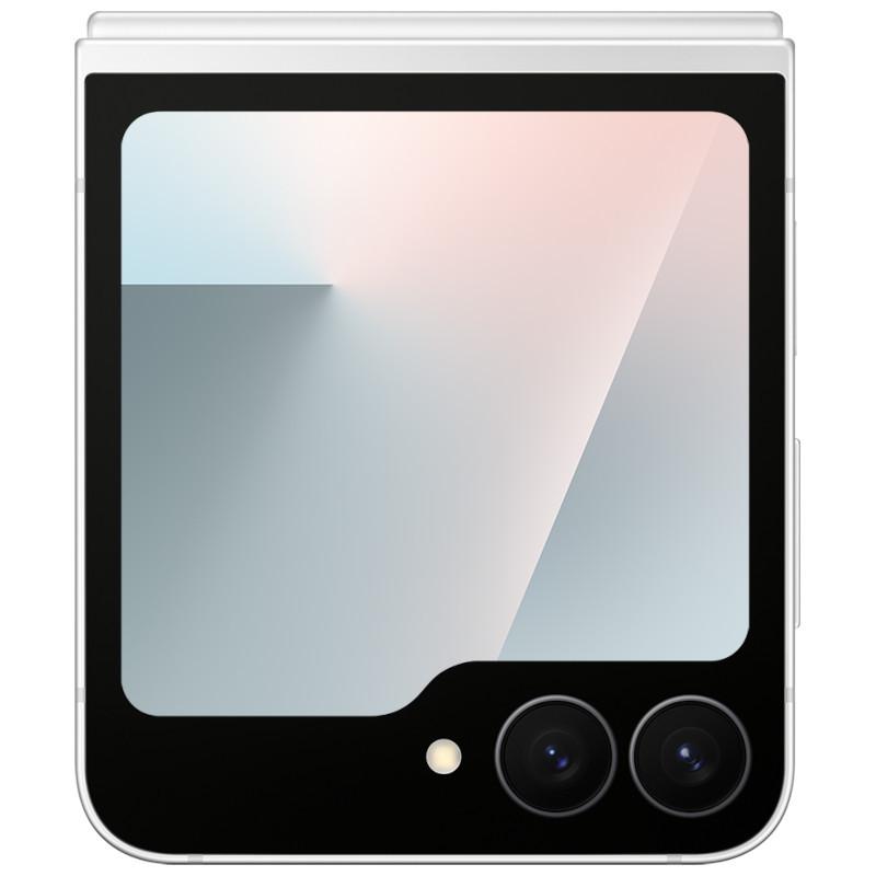 Samsung Galaxy Z Flip7 FE 5G Branco dobrável com tela externa ampla, moldura prateada, módulo de câmera dupla e flash na tampa frontal