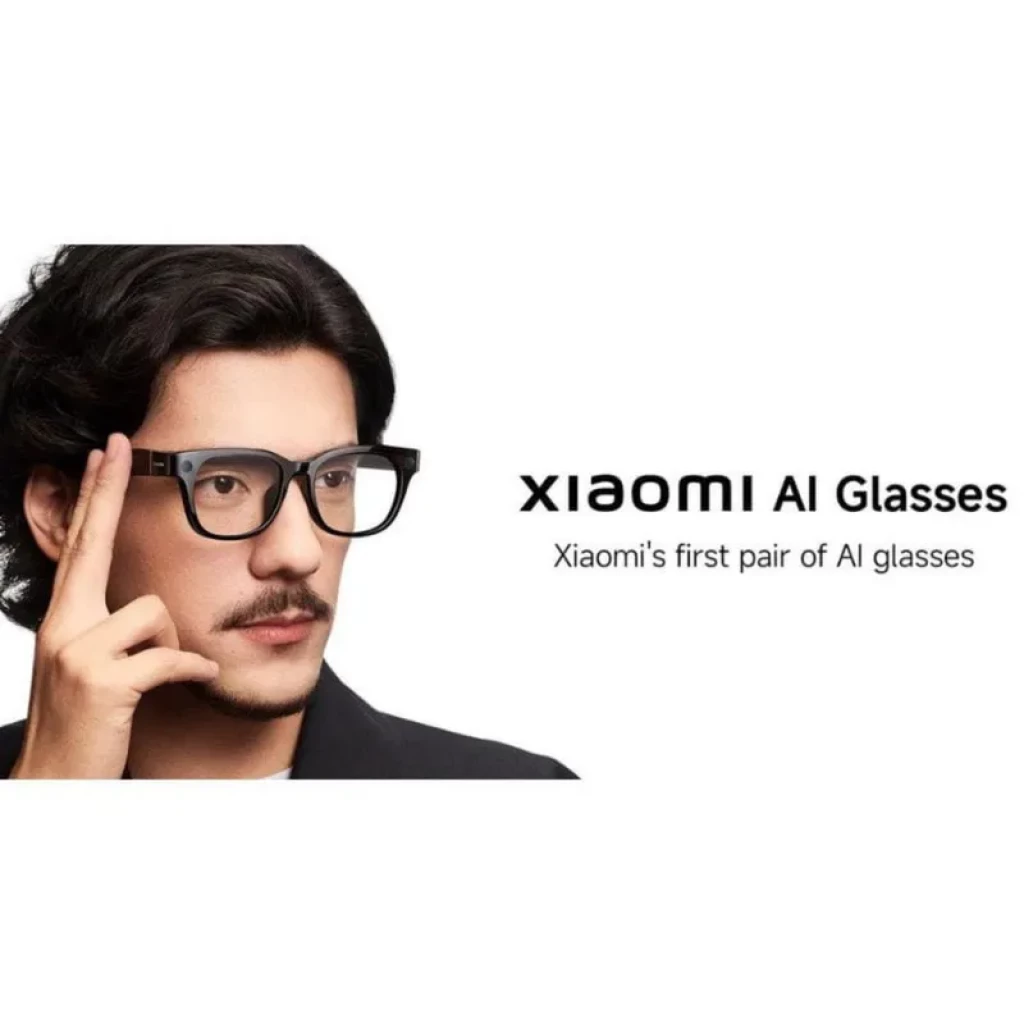 Lunettes connectées Xiaomi AI Glasses noires, monture épaisse rectangulaire, branches larges avec capteurs intégrés, design moderne pour assistance