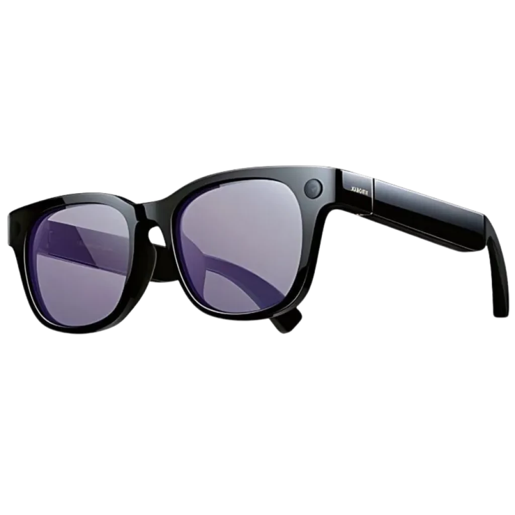 Xiaomi AI Glasses noires, monture épaisse, verres teintés violets, branche droite avec module circulaire et charnière métallique brillante