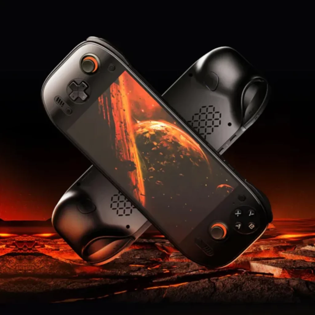 AYN Odin2 Portal Preto portátil gamer com tela ampla, botões ABXY, direcional em cruz, analógicos laranja e acabamento preto fosco com curvas ergonômicas
