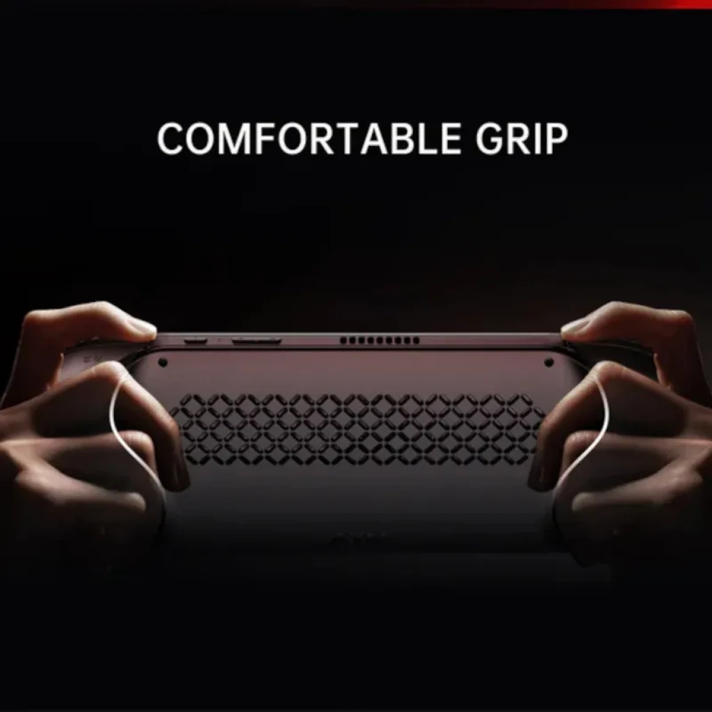 AYN Odin2 Portal Preto com pega ergonômica; traseira texturizada em colmeia, botões superiores e saídas de ventilação para conforto e controle