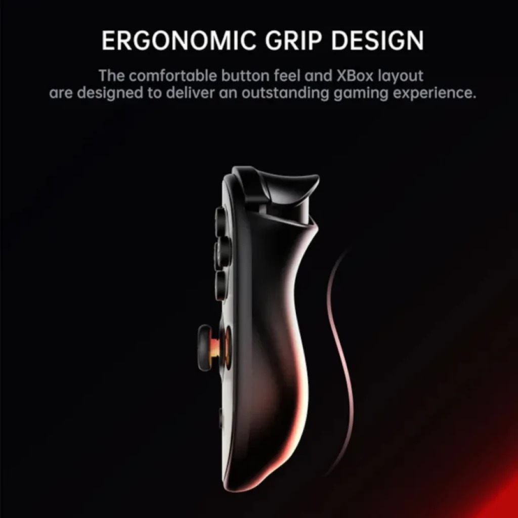 AYN Odin2 Portal Preto com design ergonômico, pegada curvada, botões frontais e gatilhos tipo Xbox; acabamento preto fosco com detalhes em vermelho