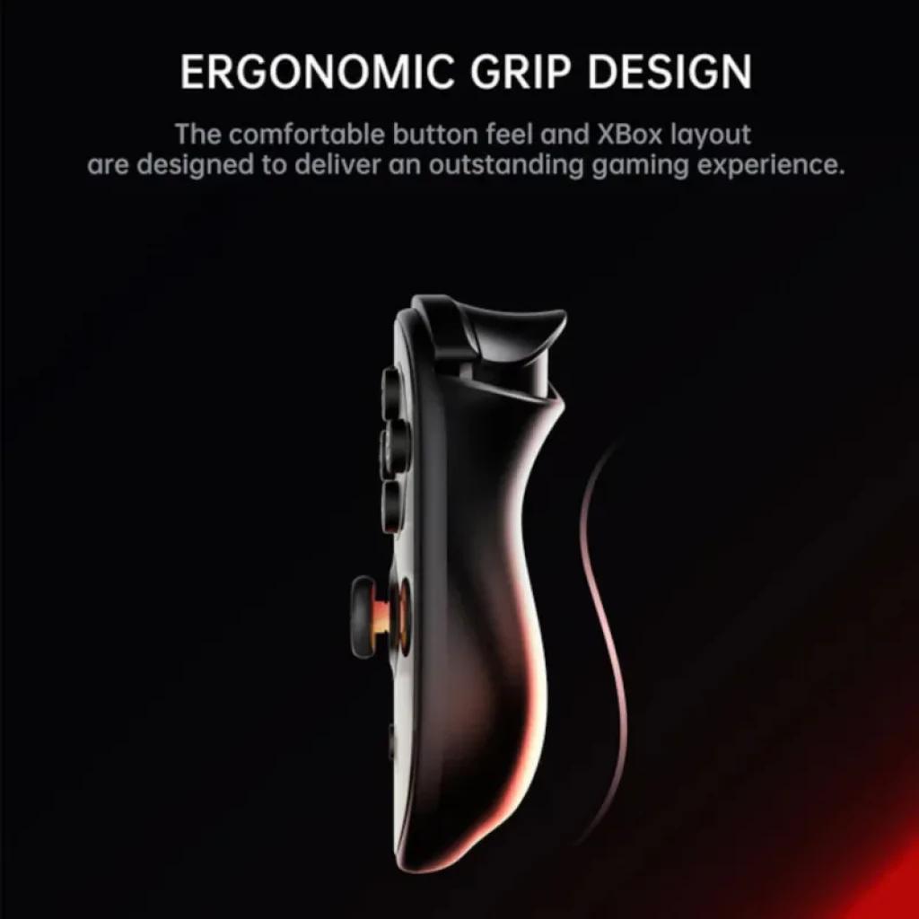 AYN Odin2 Portal Preto com design ergonômico, pegada curvada, botões frontais e gatilhos tipo Xbox; acabamento preto fosco com detalhes em vermelho