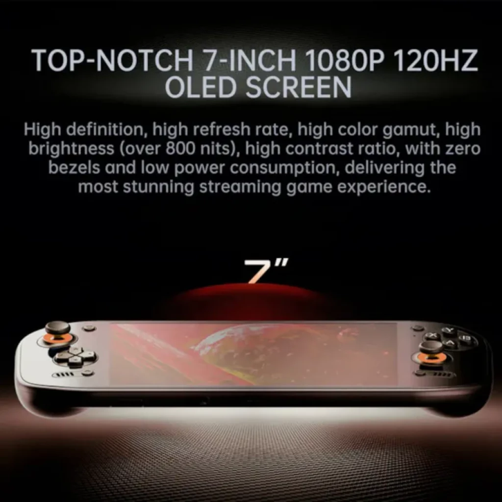 AYN Odin2 Portal Preto com tela OLED 7 polegadas 1080p 120Hz, botões alaranjados, bordas finas, alto brilho e design portátil para jogos