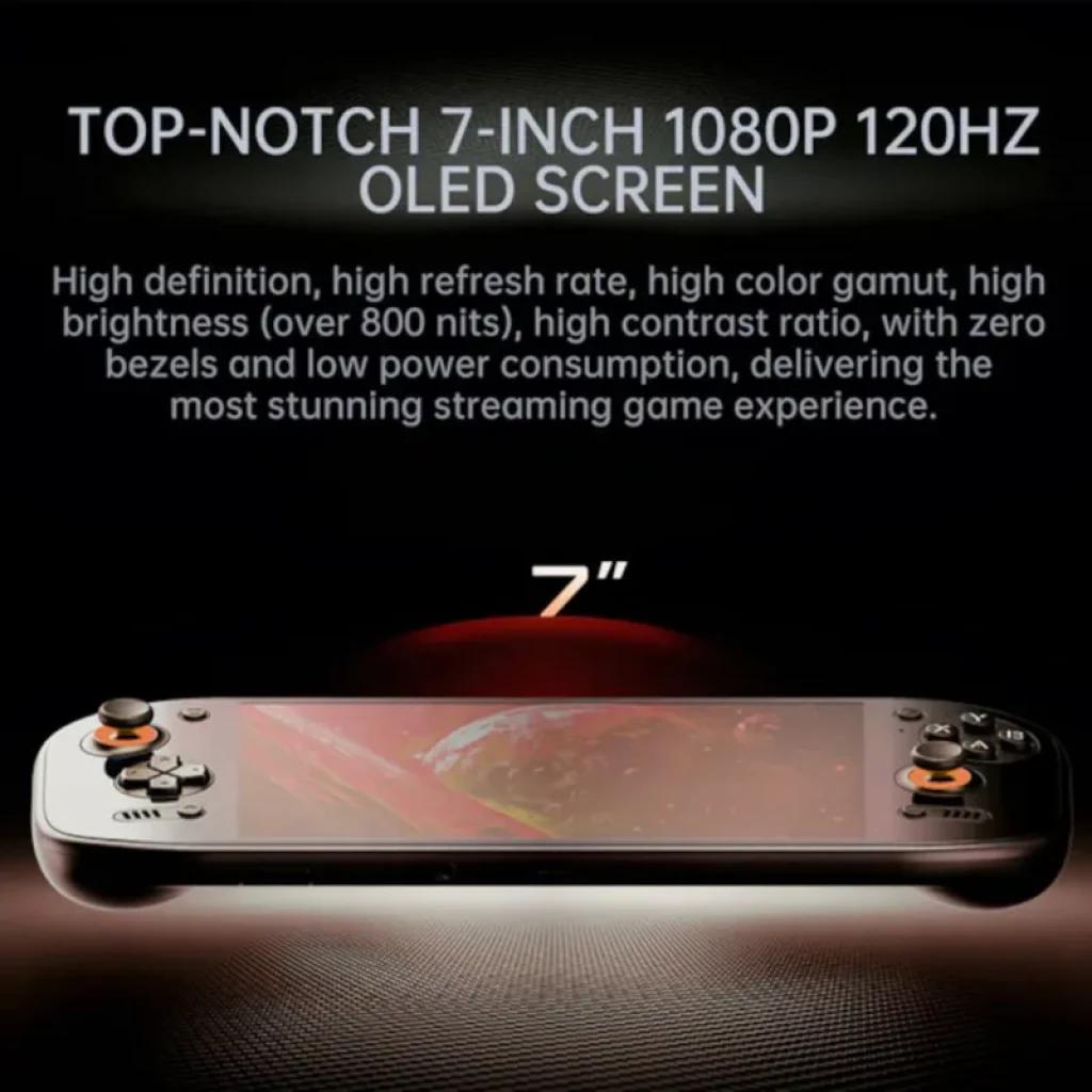 AYN Odin2 Portal Preto com tela OLED 7 polegadas 1080p 120Hz, botões alaranjados, bordas finas, alto brilho e design portátil para jogos