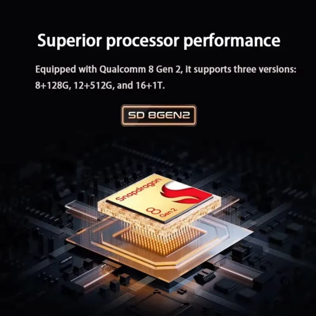 AYN Odin2 Portal Preto com chip Qualcomm Snapdragon 8 Gen 2 destacado em placa, foco em desempenho superior e suporte a 8+128G, 12+512G e 16+1T