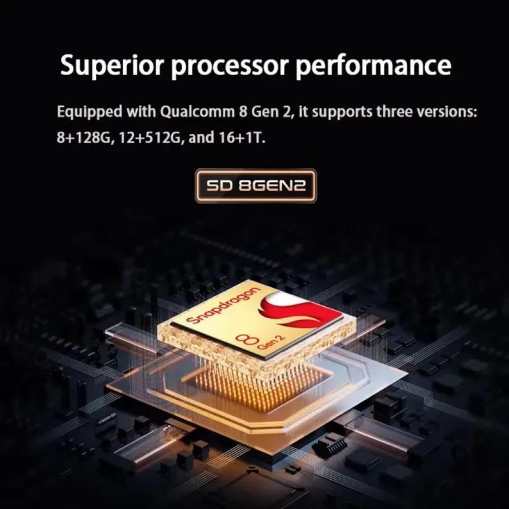 AYN Odin2 Portal Preto com chip Qualcomm Snapdragon 8 Gen 2 destacado em placa, foco em desempenho superior e suporte a 8+128G, 12+512G e 16+1T