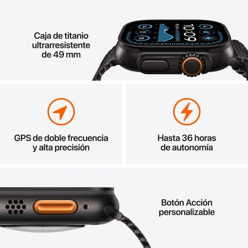 Apple Watch Ultra 2 GPS + Cellular 49 mm, boîtier titane robuste, écran plat lumineux, couronne orange, bouton Action, bracelet Ocean noir tressé