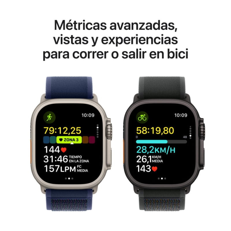 Apple Watch Ultra 2 49 mm, boîtier titane, bracelets Ocean noir et bleu, écrans lumineux avec métriques sport, GPS + Cellular, boutons latéraux orange