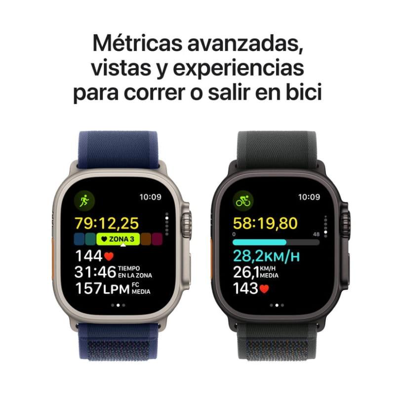 Apple Watch Ultra 2 49 mm, boîtier titane, bracelets Ocean noir et bleu, écrans lumineux avec métriques sport, GPS + Cellular, boutons latéraux orange