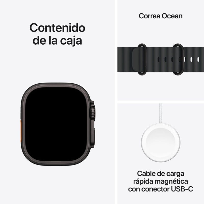 Apple Watch Ultra 2 49 mm GPS + Cellular, boîtier titane, écran noir éteint, couronne orange, bracelet Ocean noir avec boucles, chargeur magnétique USB‑C