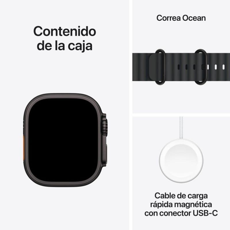 Apple Watch Ultra 2 49 mm GPS + Cellular, boîtier titane, écran noir éteint, couronne orange, bracelet Ocean noir avec boucles, chargeur magnétique USB‑C