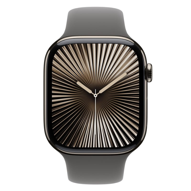 Apple Watch Series 10 GPS + Cellular 46 mm de titanio natural, pantalla grande con bordes curvos, esfera radial y correa deportiva gris S/M