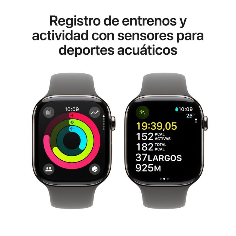 Apple Watch Series 10 GPS + Cellular 46 mm en titanio natural con correa deportiva gris S/M; pantalla grande, bordes curvos y métricas de actividad y natación