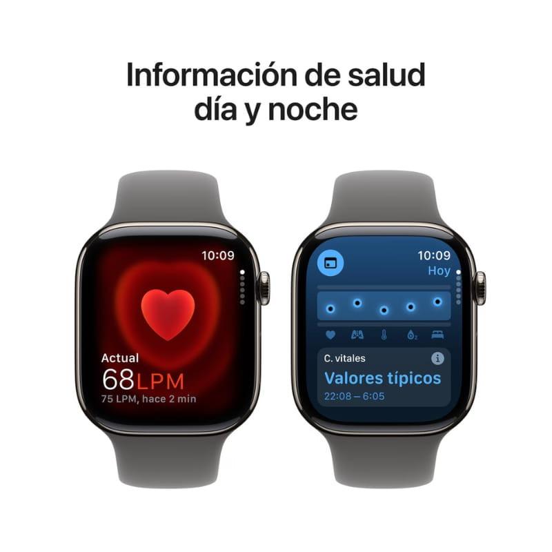 Apple Watch Series 10 GPS + Cellular 46 mm en titanio natural, pantalla amplia con bordes curvos, correa deportiva gris S/M, monitoreo de salud día y noche
